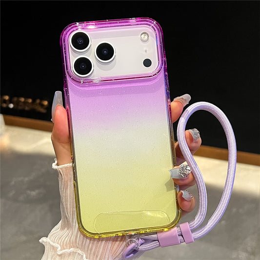 For iPhone 17 Pro Max Case Glitter Dual Color PC + TPU Clear Phone Cover with Hand Strap - Purple / Yellow