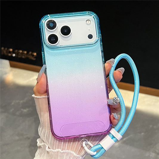 For iPhone 17 Pro Max Case Glitter Dual Color PC + TPU Clear Phone Cover with Hand Strap - Sky Blue / Purple