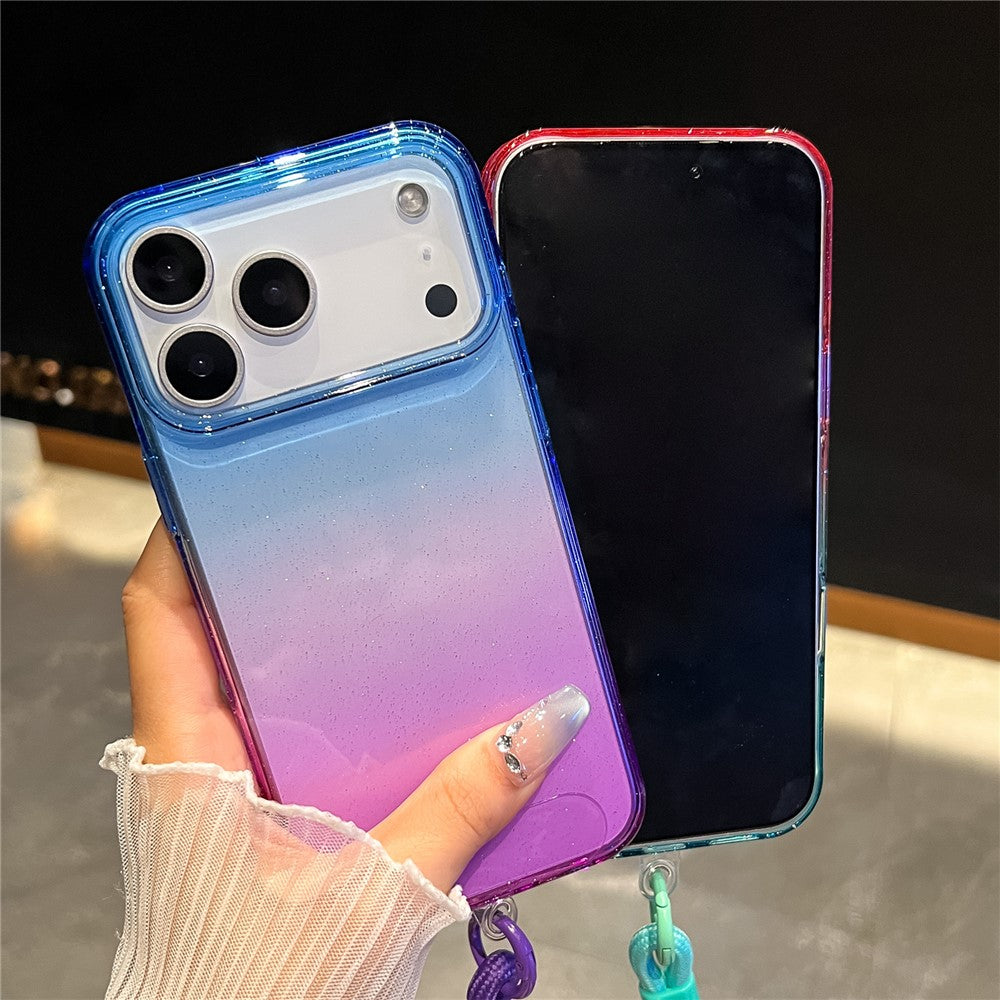 For iPhone 17 Pro Max Case Glitter Dual Color PC + TPU Clear Phone Cover with Hand Strap - Pink / Sky Blue