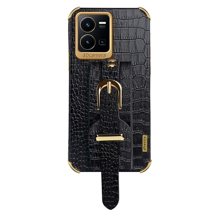 For vivo Y35 Electroplating Crocodile Texture PU Leather Coated TPU Case Hand Strap Kickstand Design Protective Cover - Black