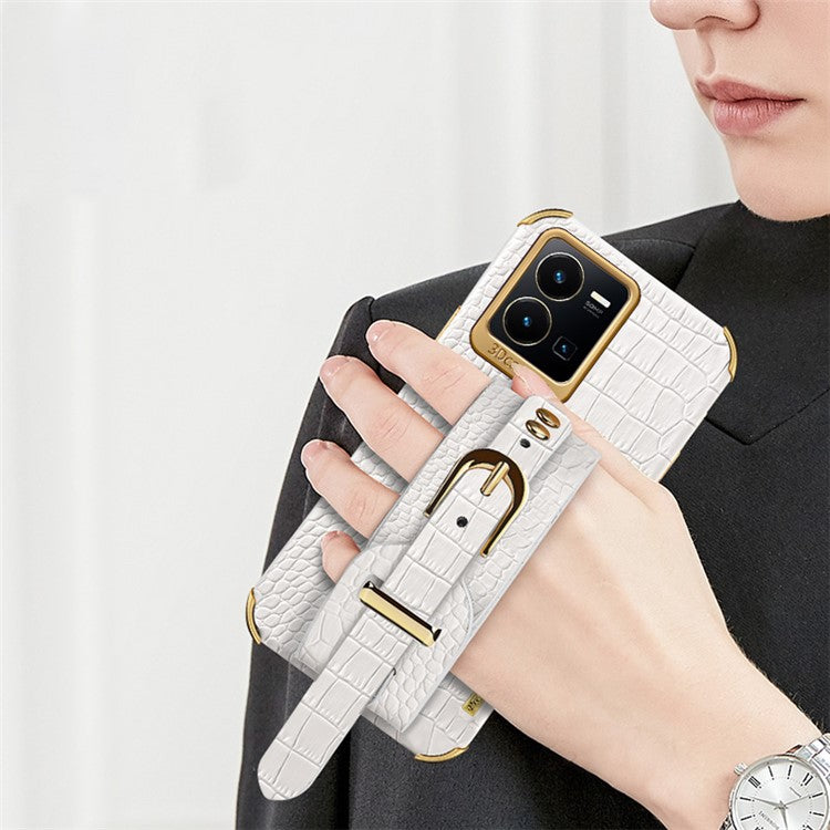 For vivo Y35 Electroplating Crocodile Texture PU Leather Coated TPU Case Hand Strap Kickstand Design Protective Cover - Black