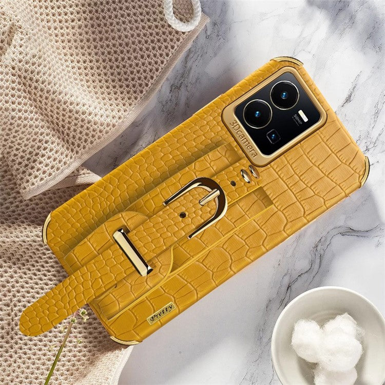 For vivo Y35 Electroplating Crocodile Texture PU Leather Coated TPU Case Hand Strap Kickstand Design Protective Cover - Yellow