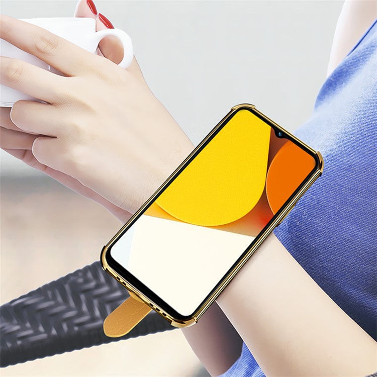 For vivo Y35 Electroplating Crocodile Texture PU Leather Coated TPU Case Hand Strap Kickstand Design Protective Cover - Yellow