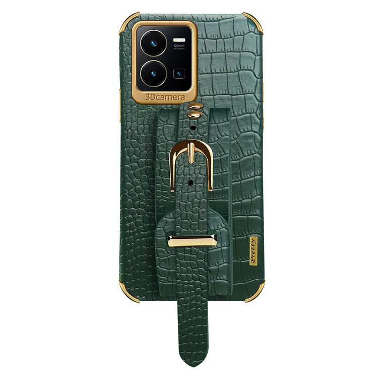 For vivo Y35 Electroplating Crocodile Texture PU Leather Coated TPU Case Hand Strap Kickstand Design Protective Cover - Green