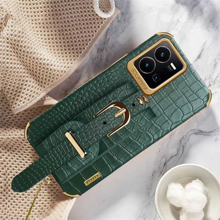For vivo Y35 Electroplating Crocodile Texture PU Leather Coated TPU Case Hand Strap Kickstand Design Protective Cover - Green