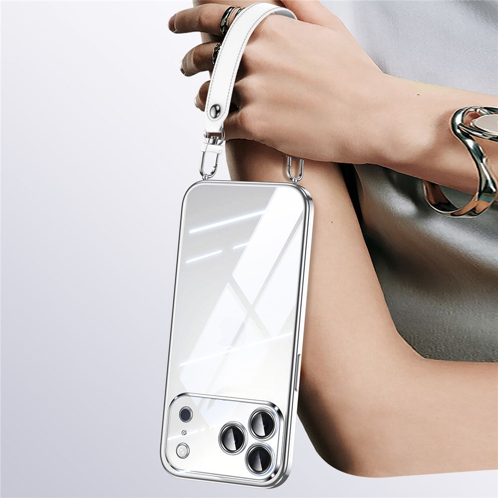 SULADA For iPhone 17 Pro Max Case Electroplating Ultra Clear Soft TPU Phone Cover with PU Wrist Strap - Silver
