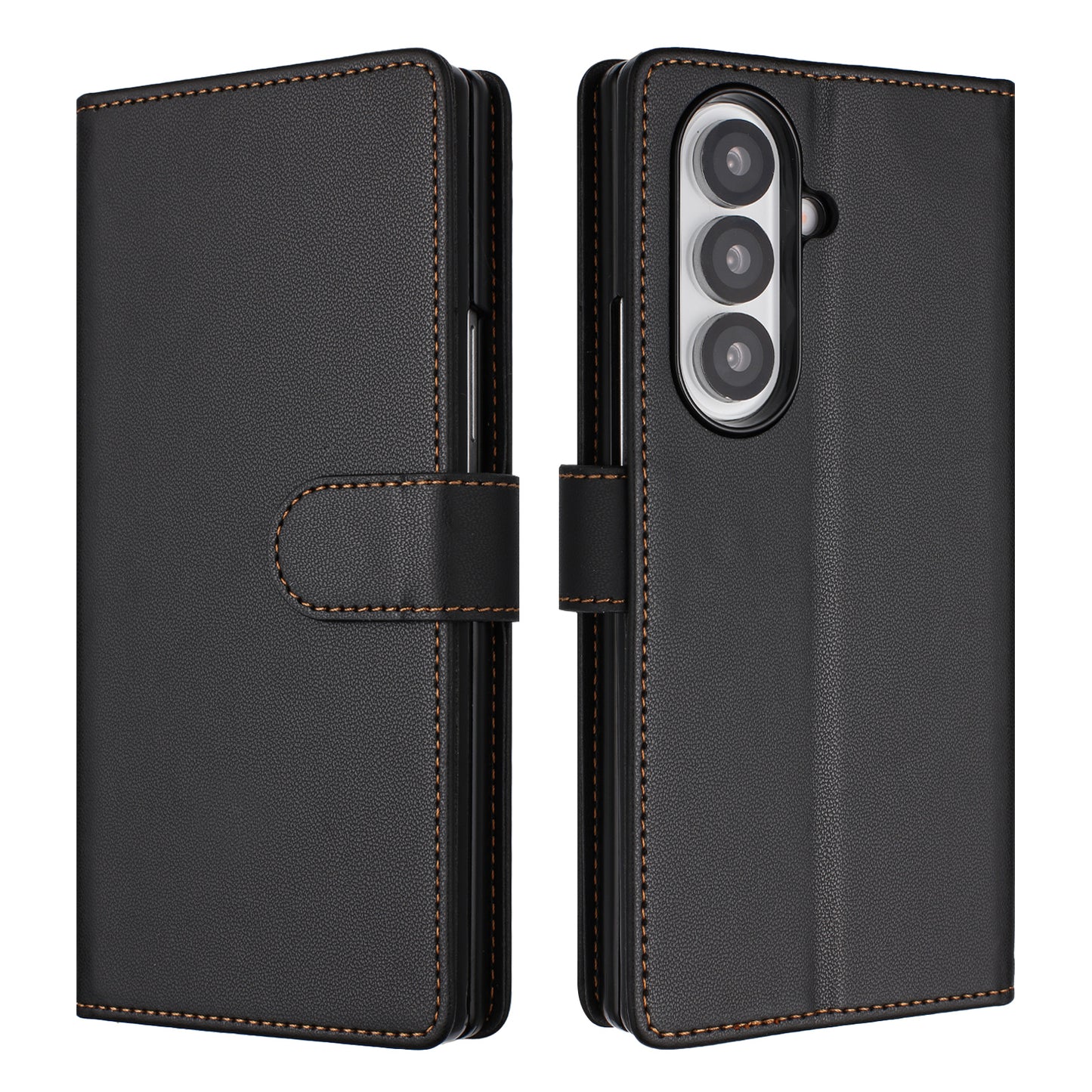 For Samsung Galaxy Z Fold7 5G Leather Case Wallet Stand Phone Cover with Wrist Strap - Black