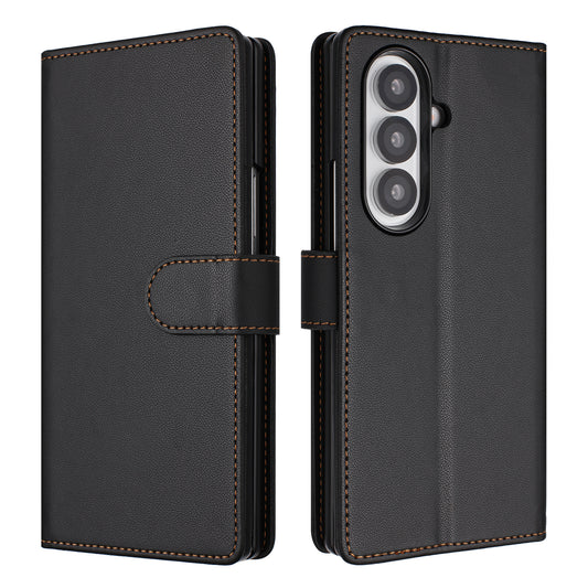For Samsung Galaxy Z Fold7 5G Leather Case Wallet Stand Phone Cover with Wrist Strap - Black
