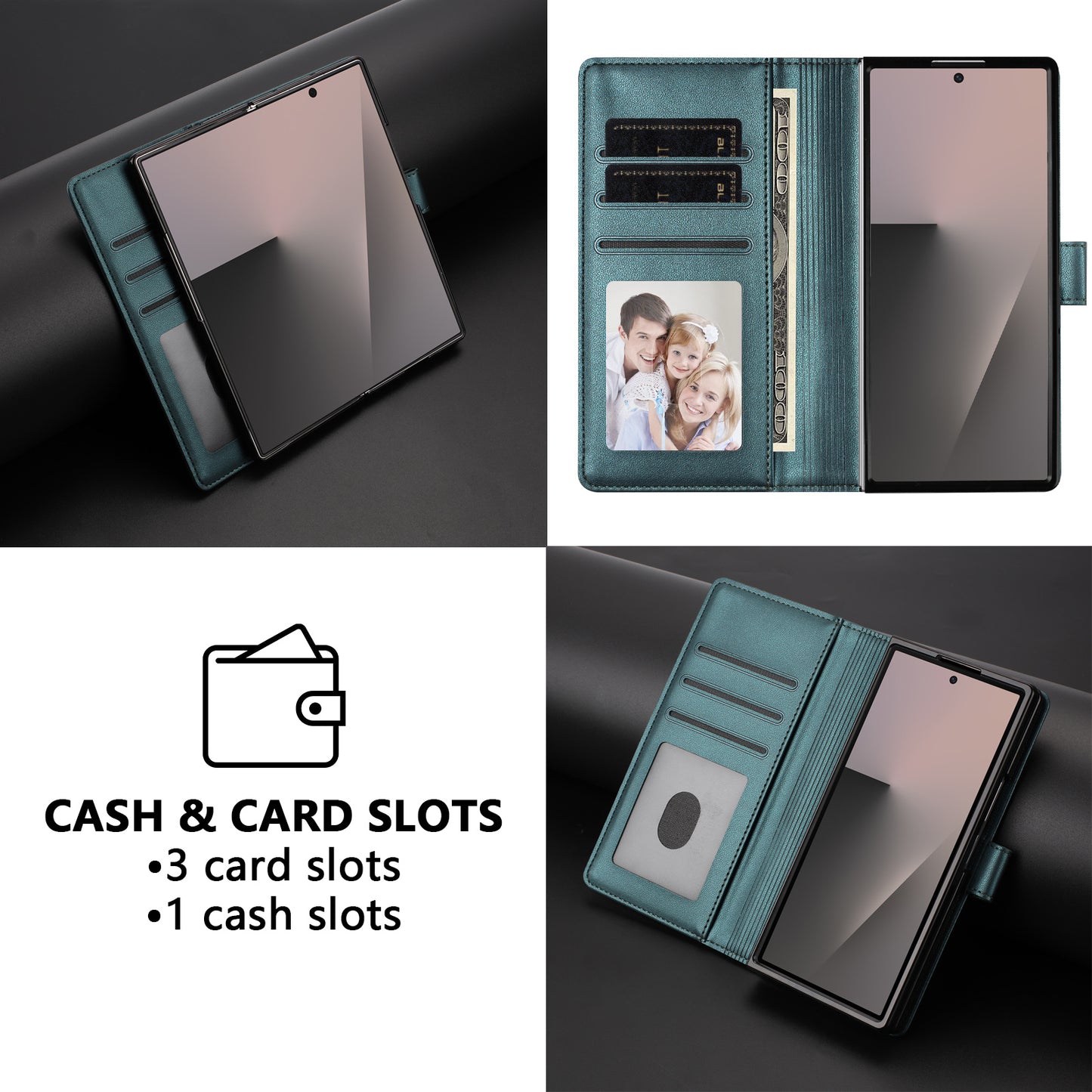 For Samsung Galaxy Z Fold7 5G Leather Case Wallet Stand Phone Cover with Wrist Strap - Green