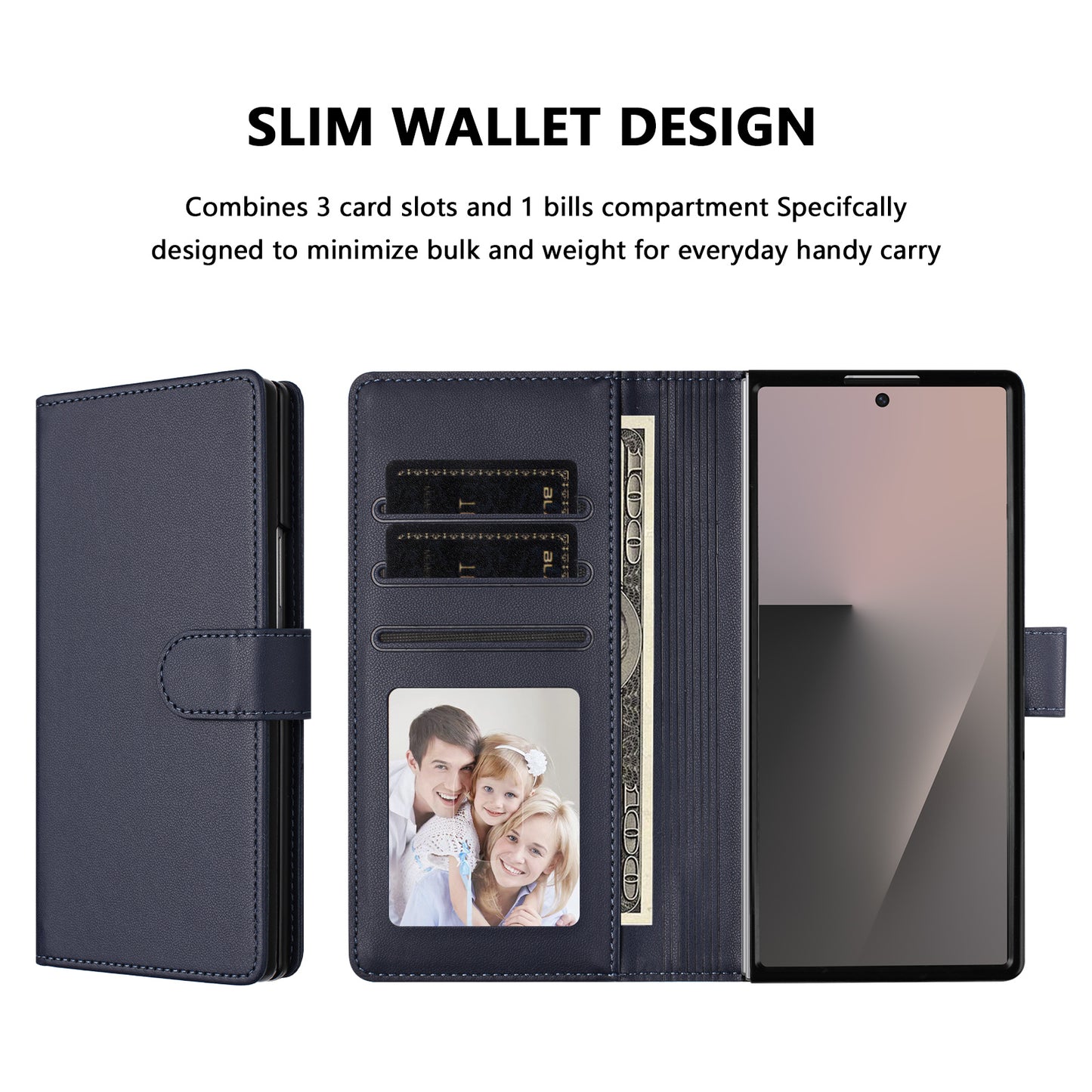 For Samsung Galaxy Z Fold7 5G Leather Case Wallet Stand Phone Cover with Wrist Strap - Blue