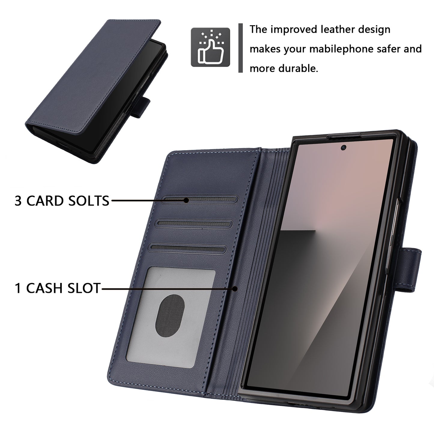 For Samsung Galaxy Z Fold7 5G Leather Case Wallet Stand Phone Cover with Wrist Strap - Blue