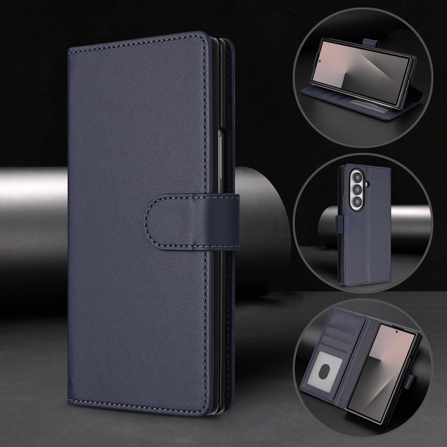 For Samsung Galaxy Z Fold7 5G Leather Case Wallet Stand Phone Cover with Wrist Strap - Blue