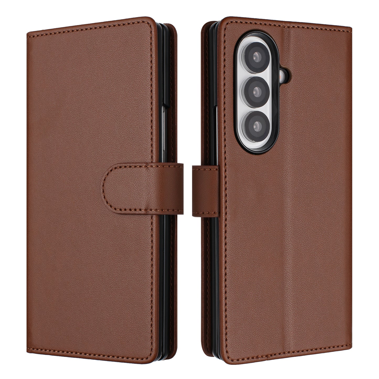 For Samsung Galaxy Z Fold7 5G Leather Case Wallet Stand Phone Cover with Wrist Strap - Brown