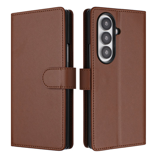 For Samsung Galaxy Z Fold7 5G Leather Case Wallet Stand Phone Cover with Wrist Strap - Brown