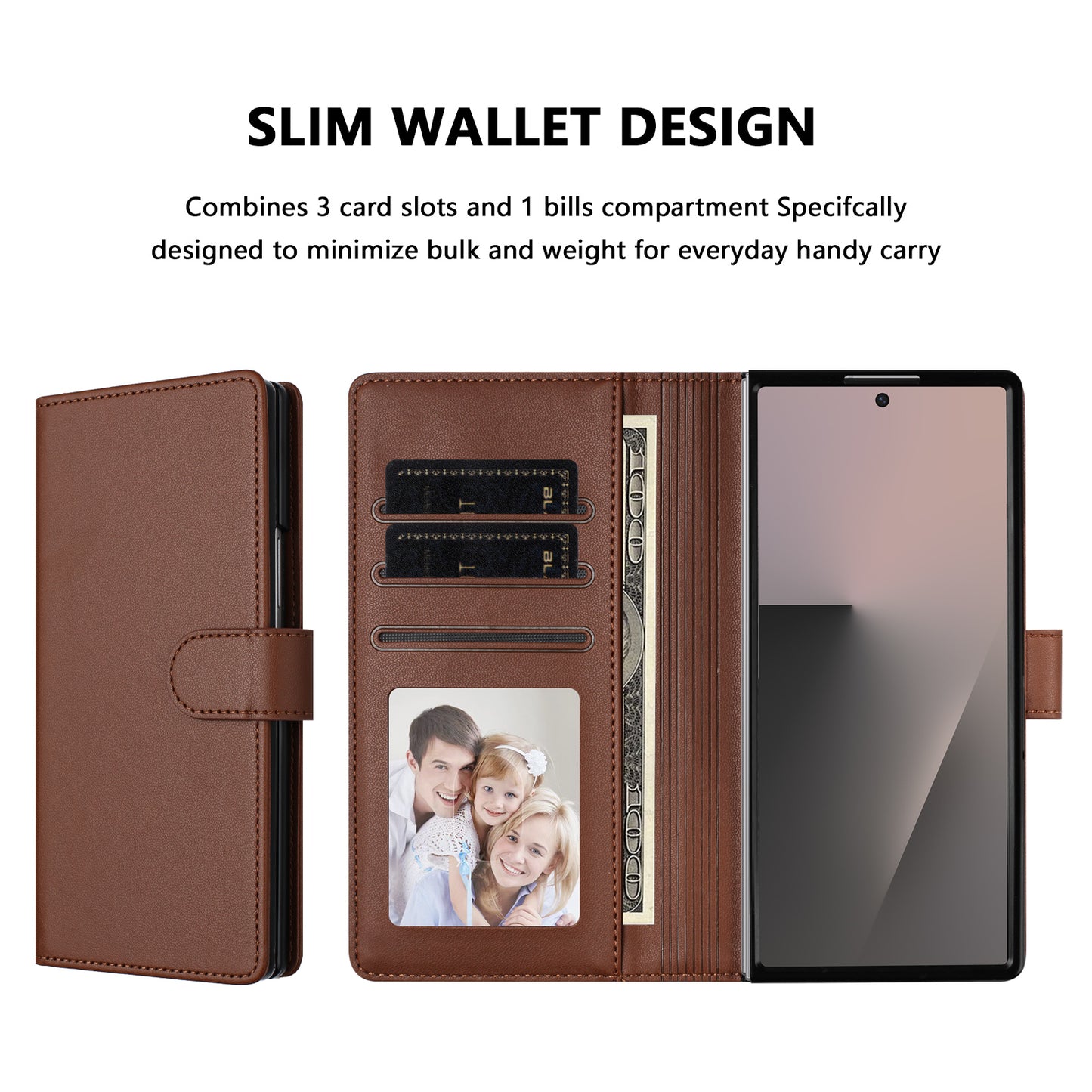 For Samsung Galaxy Z Fold7 5G Leather Case Wallet Stand Phone Cover with Wrist Strap - Brown
