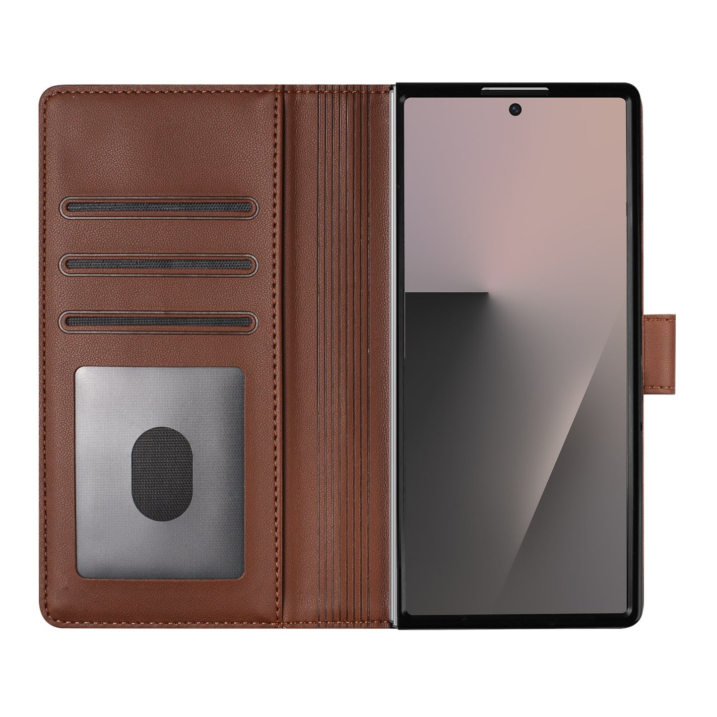 For Samsung Galaxy Z Fold7 5G Leather Case Wallet Stand Phone Cover with Wrist Strap - Brown