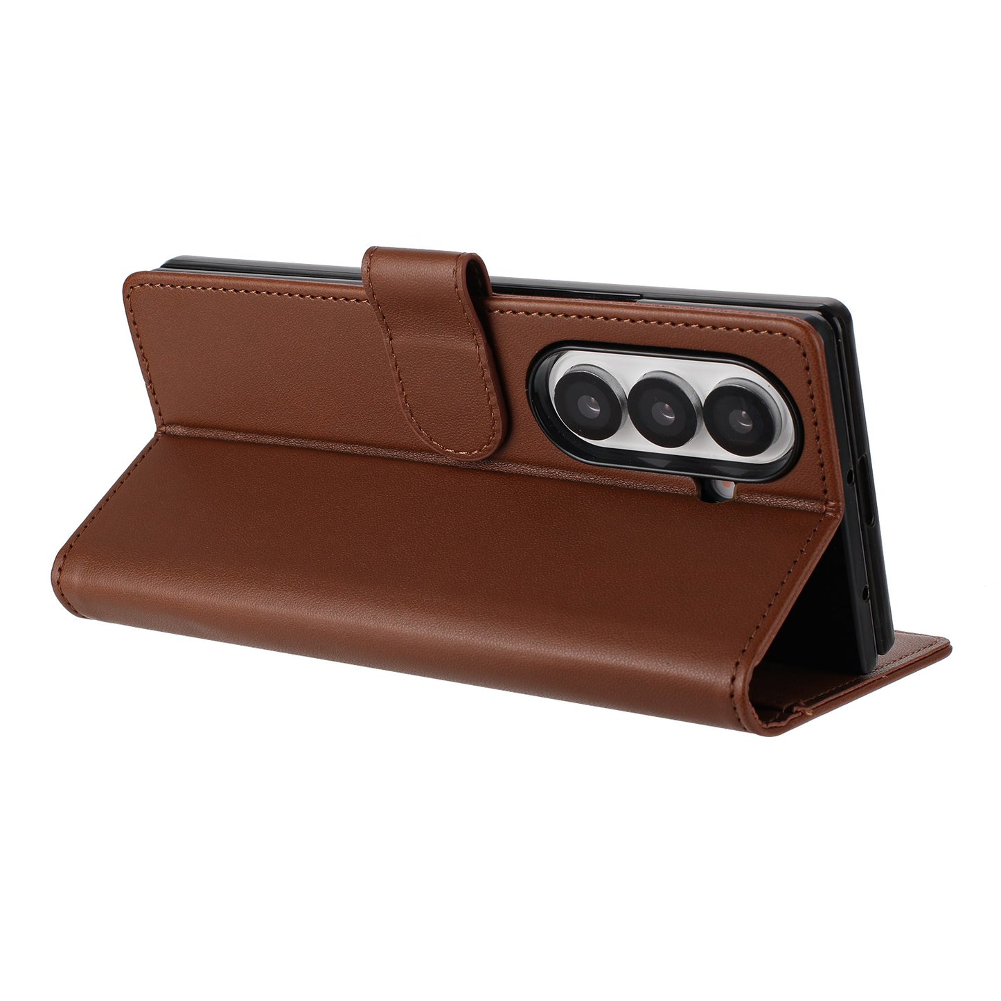 For Samsung Galaxy Z Fold7 5G Leather Case Wallet Stand Phone Cover with Wrist Strap - Brown