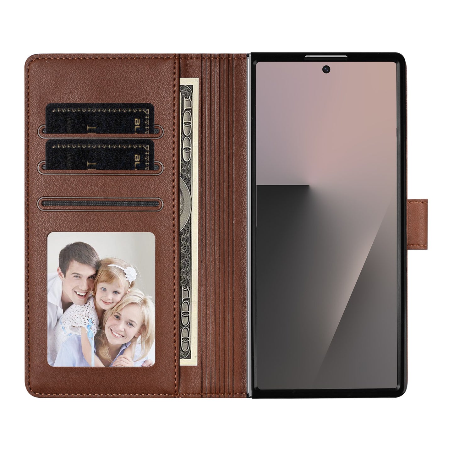 For Samsung Galaxy Z Fold7 5G Leather Case Wallet Stand Phone Cover with Wrist Strap - Brown