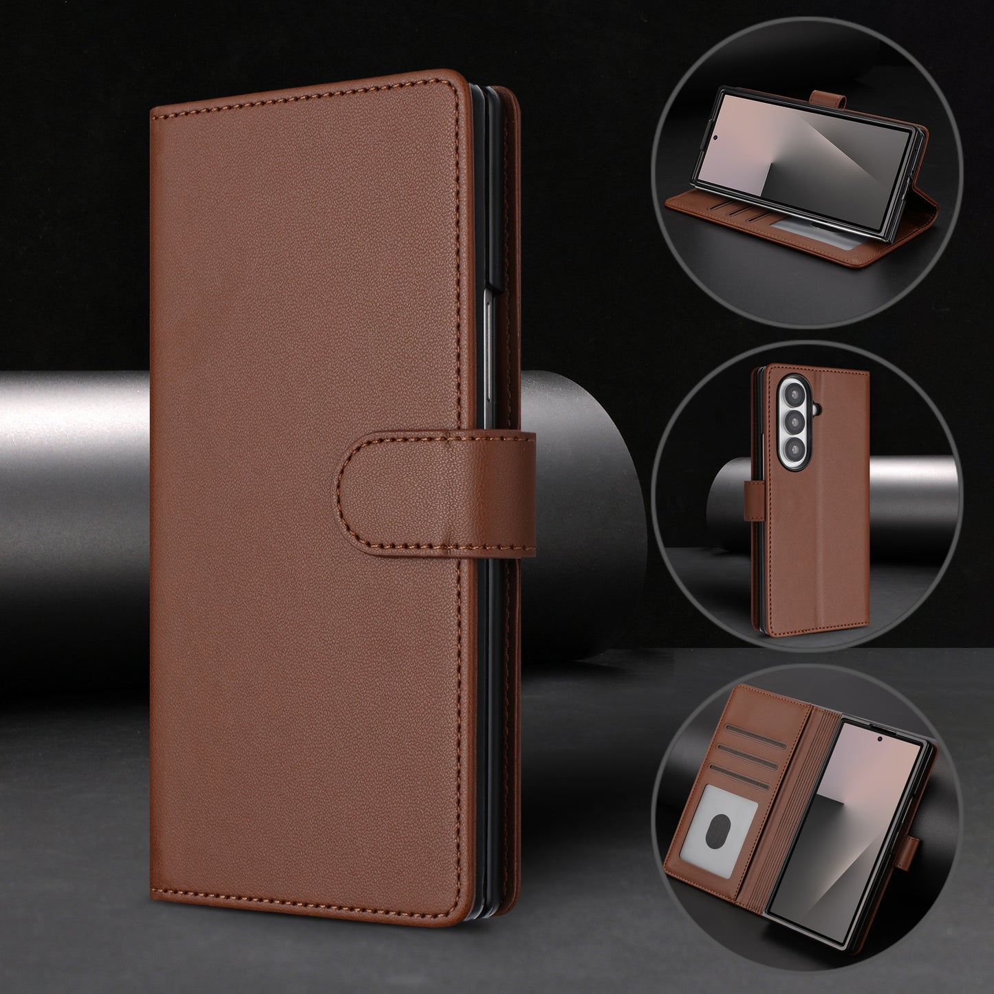 For Samsung Galaxy Z Fold7 5G Leather Case Wallet Stand Phone Cover with Wrist Strap - Brown