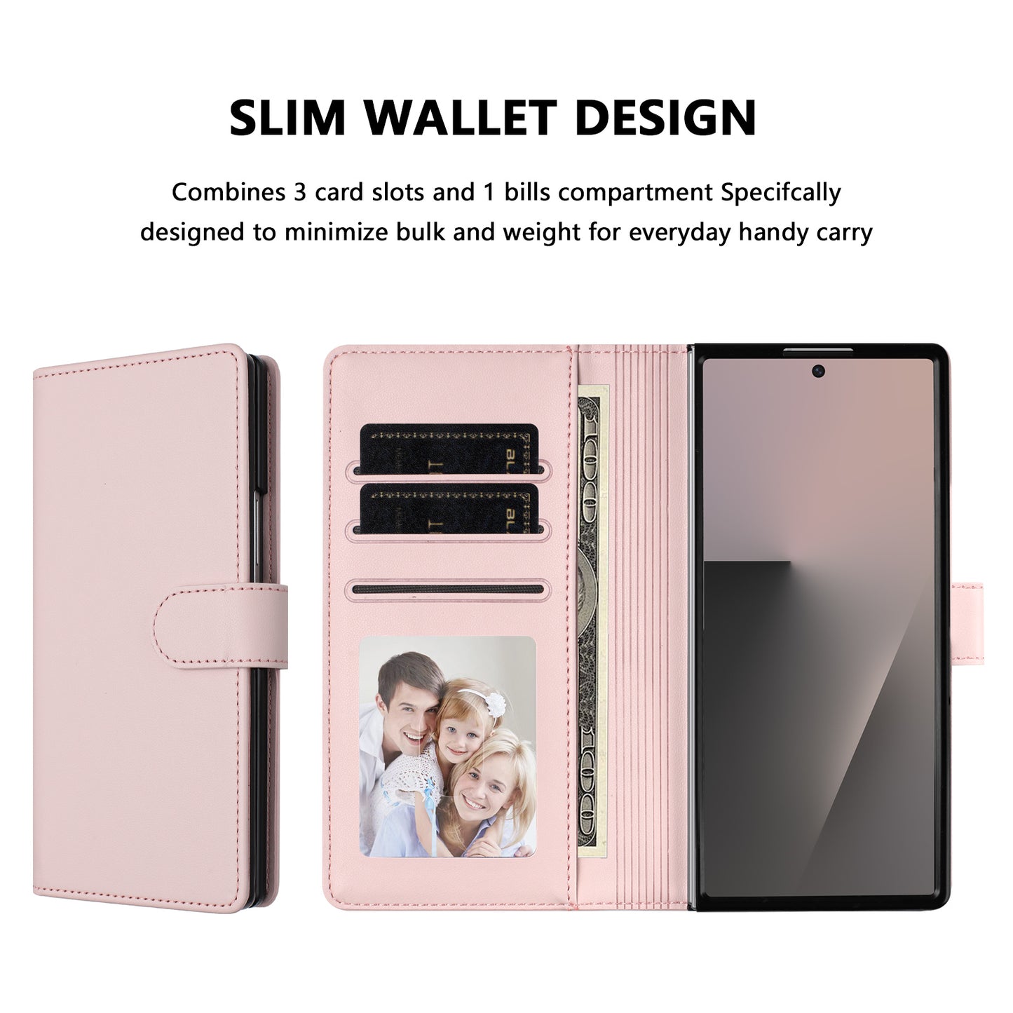 For Samsung Galaxy Z Fold7 5G Leather Case Wallet Stand Phone Cover with Wrist Strap - Pink
