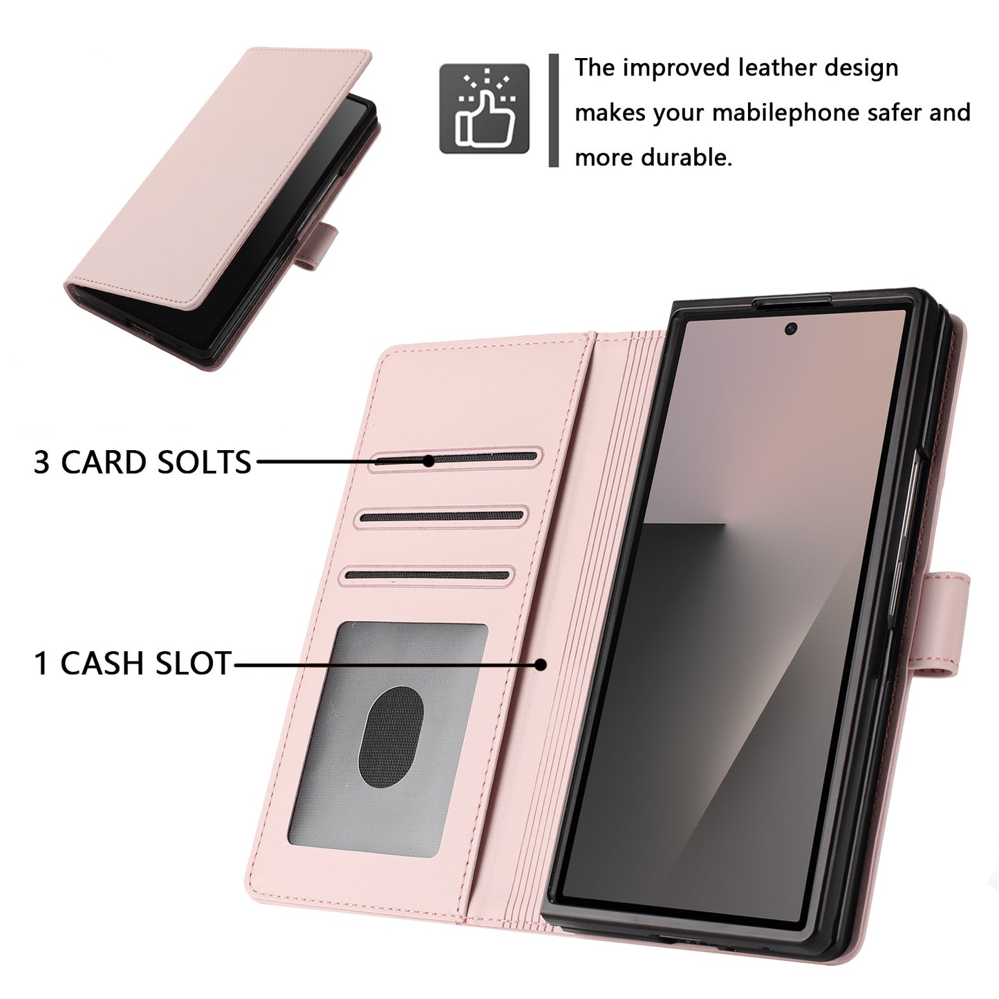 For Samsung Galaxy Z Fold7 5G Leather Case Wallet Stand Phone Cover with Wrist Strap - Pink