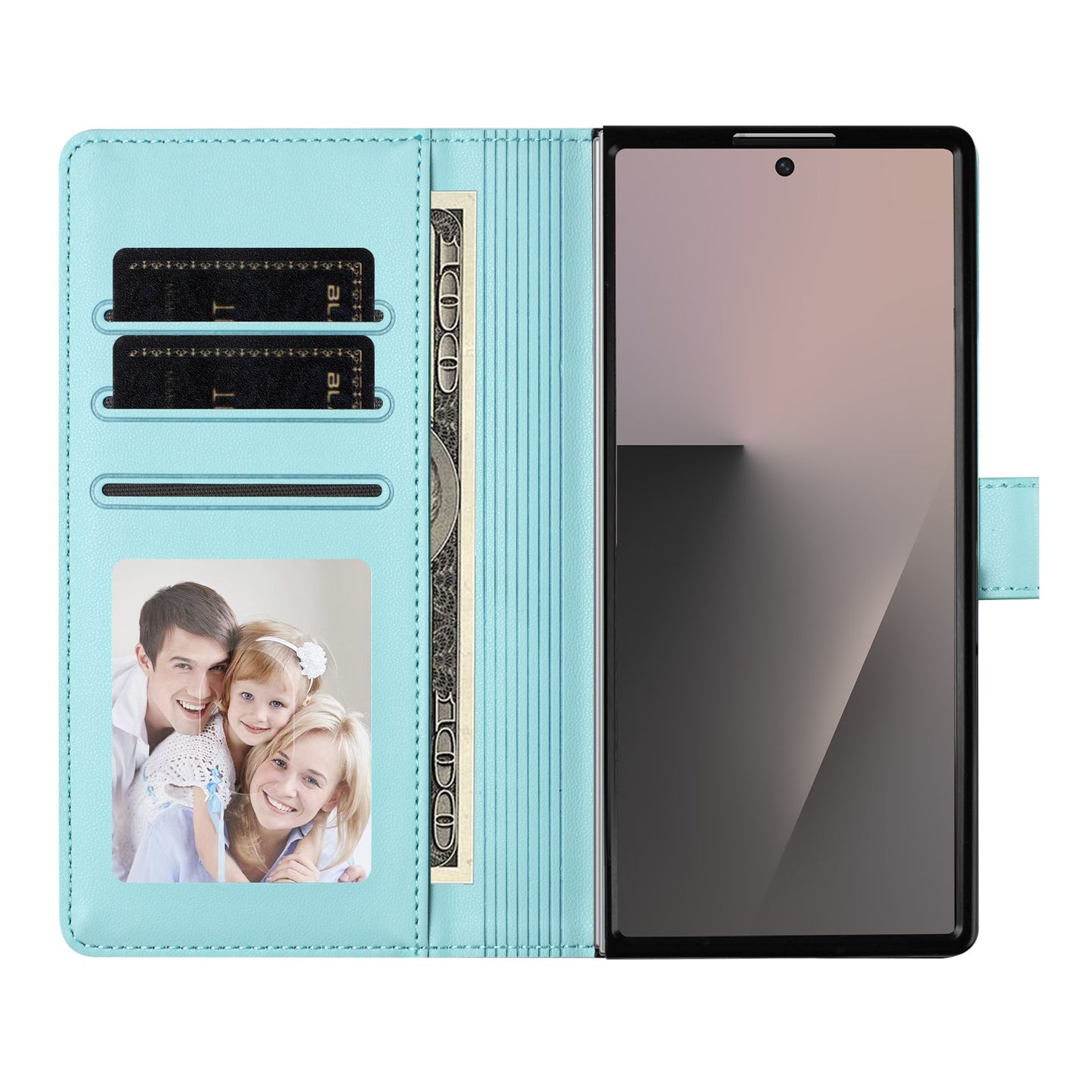 For Samsung Galaxy Z Fold7 5G Leather Case Wallet Stand Phone Cover with Wrist Strap - Mint Green