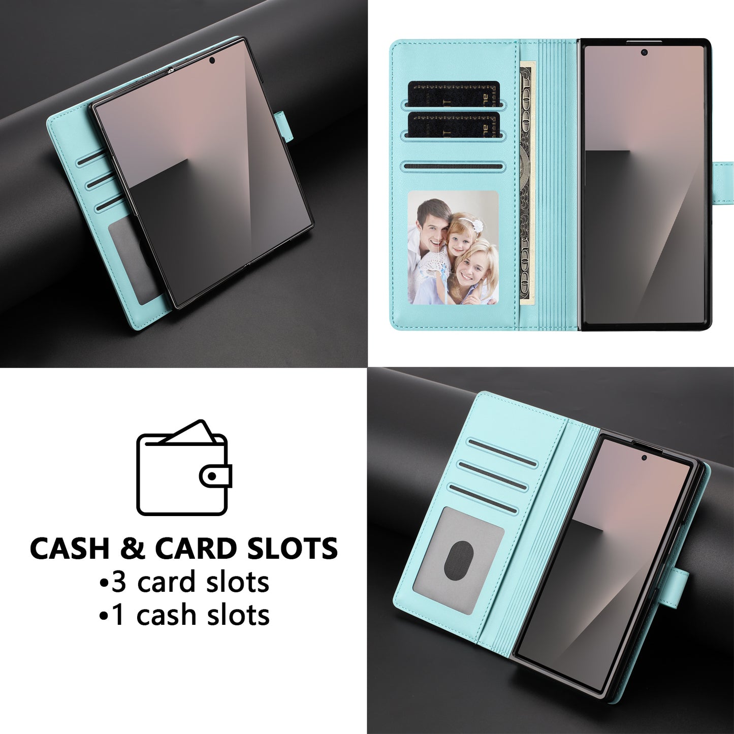 For Samsung Galaxy Z Fold7 5G Leather Case Wallet Stand Phone Cover with Wrist Strap - Mint Green