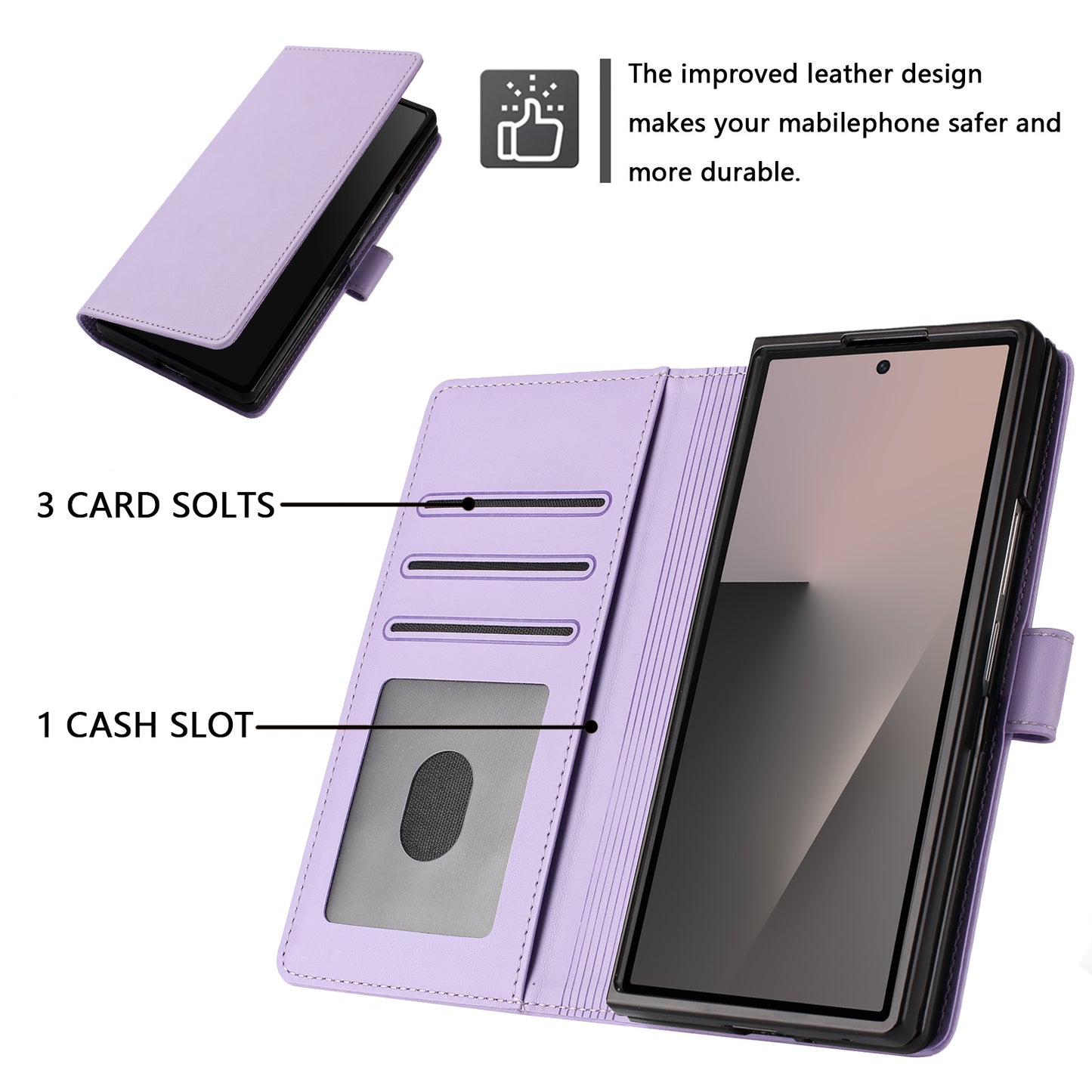For Samsung Galaxy Z Fold7 5G Leather Case Wallet Stand Phone Cover with Wrist Strap - Light Purple