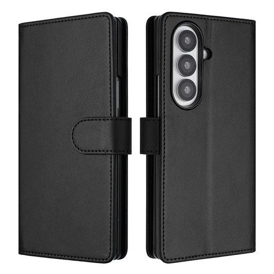 For Samsung Galaxy Z Fold7 5G Wallet Case RFID Blocking Calf Texture Leather Stand Phone Cover with Strap - Black