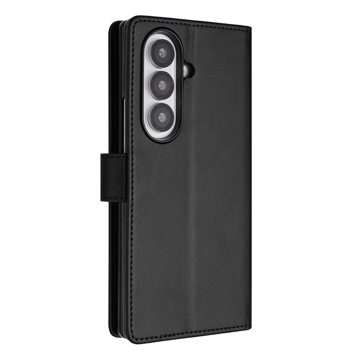 For Samsung Galaxy Z Fold7 5G Wallet Case RFID Blocking Calf Texture Leather Stand Phone Cover with Strap - Black