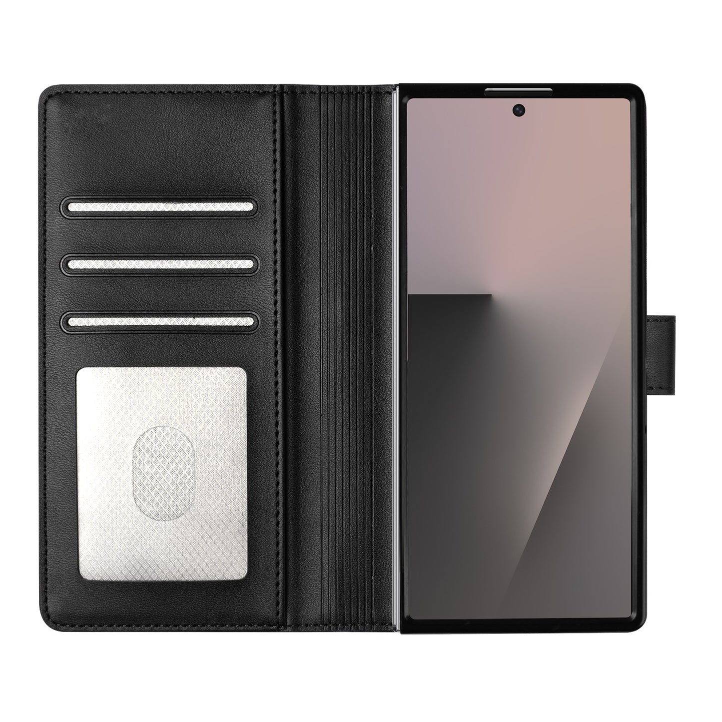 For Samsung Galaxy Z Fold7 5G Wallet Case RFID Blocking Calf Texture Leather Stand Phone Cover with Strap - Black