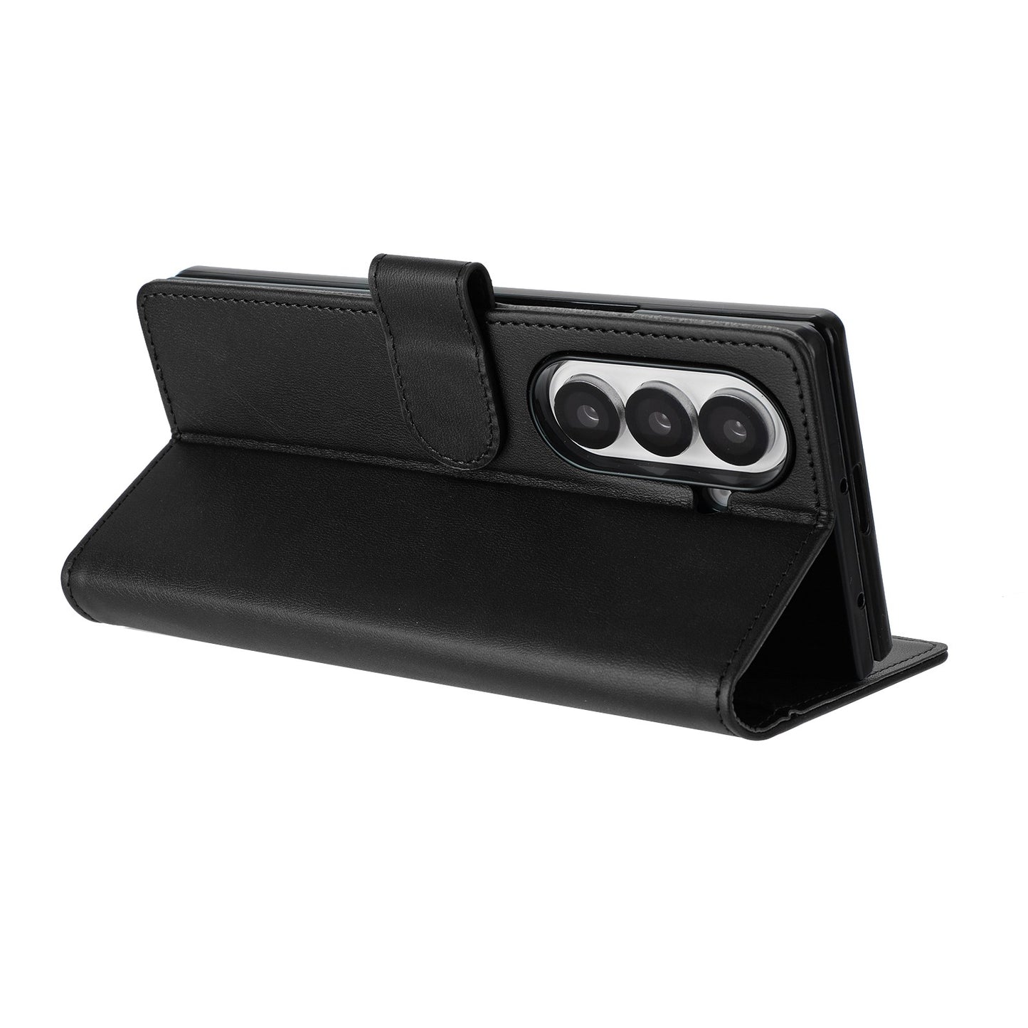 For Samsung Galaxy Z Fold7 5G Wallet Case RFID Blocking Calf Texture Leather Stand Phone Cover with Strap - Black