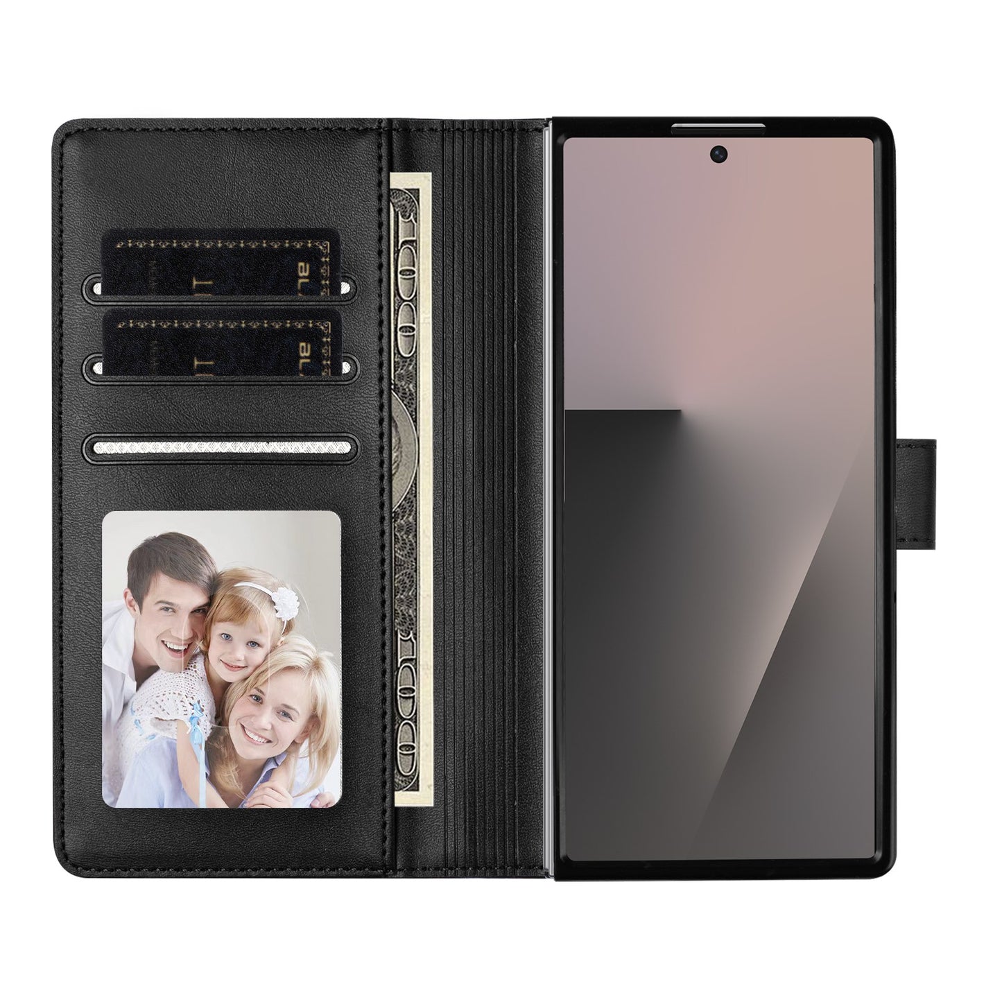 For Samsung Galaxy Z Fold7 5G Wallet Case RFID Blocking Calf Texture Leather Stand Phone Cover with Strap - Black