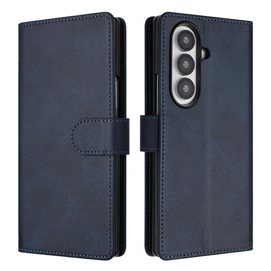 For Samsung Galaxy Z Fold7 5G Wallet Case RFID Blocking Calf Texture Leather Stand Phone Cover with Strap - Blue