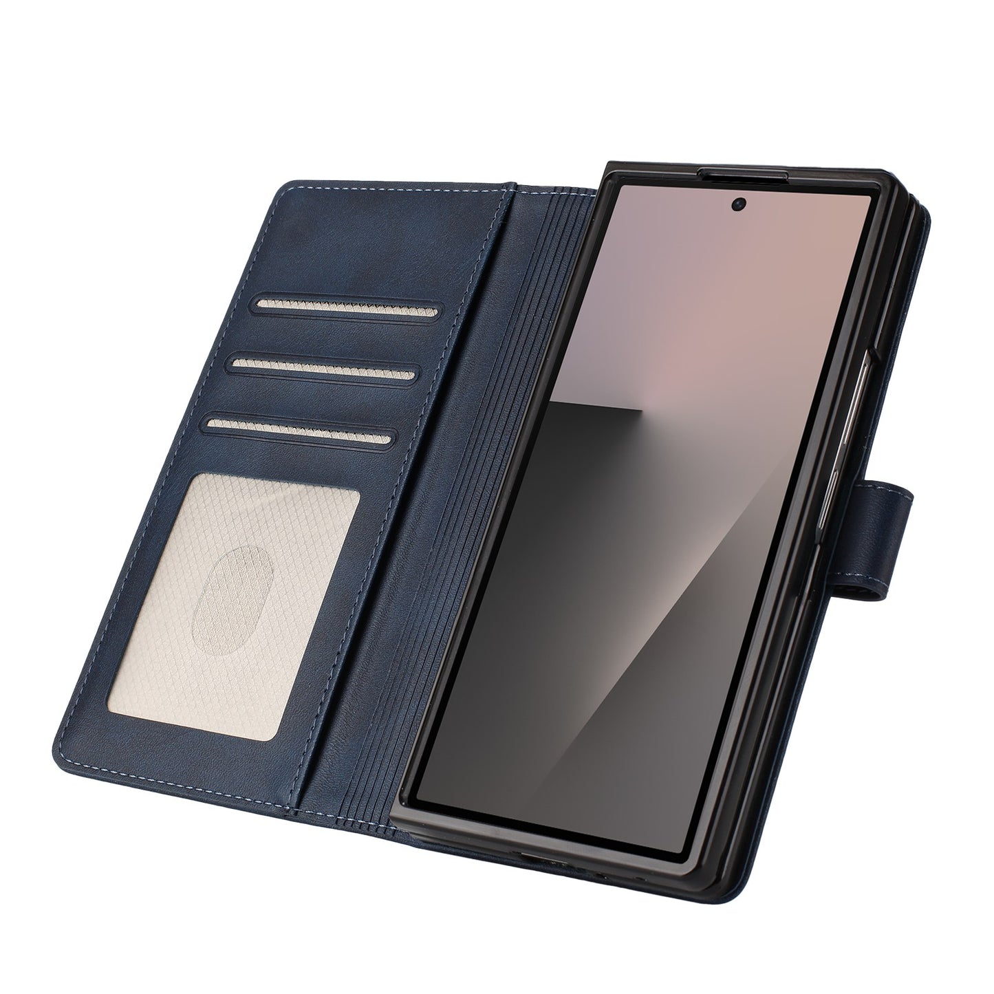For Samsung Galaxy Z Fold7 5G Wallet Case RFID Blocking Calf Texture Leather Stand Phone Cover with Strap - Blue