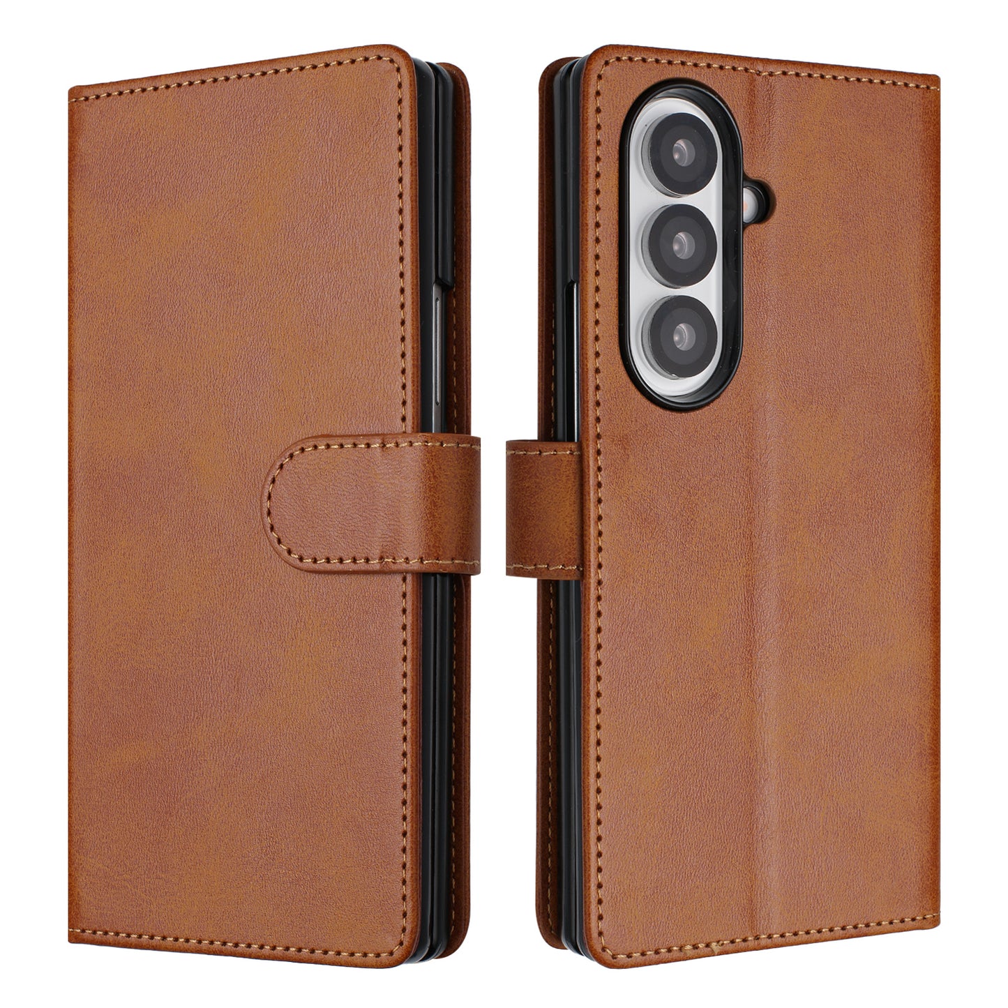 For Samsung Galaxy Z Fold7 5G Wallet Case RFID Blocking Calf Texture Leather Stand Phone Cover with Strap - Brown