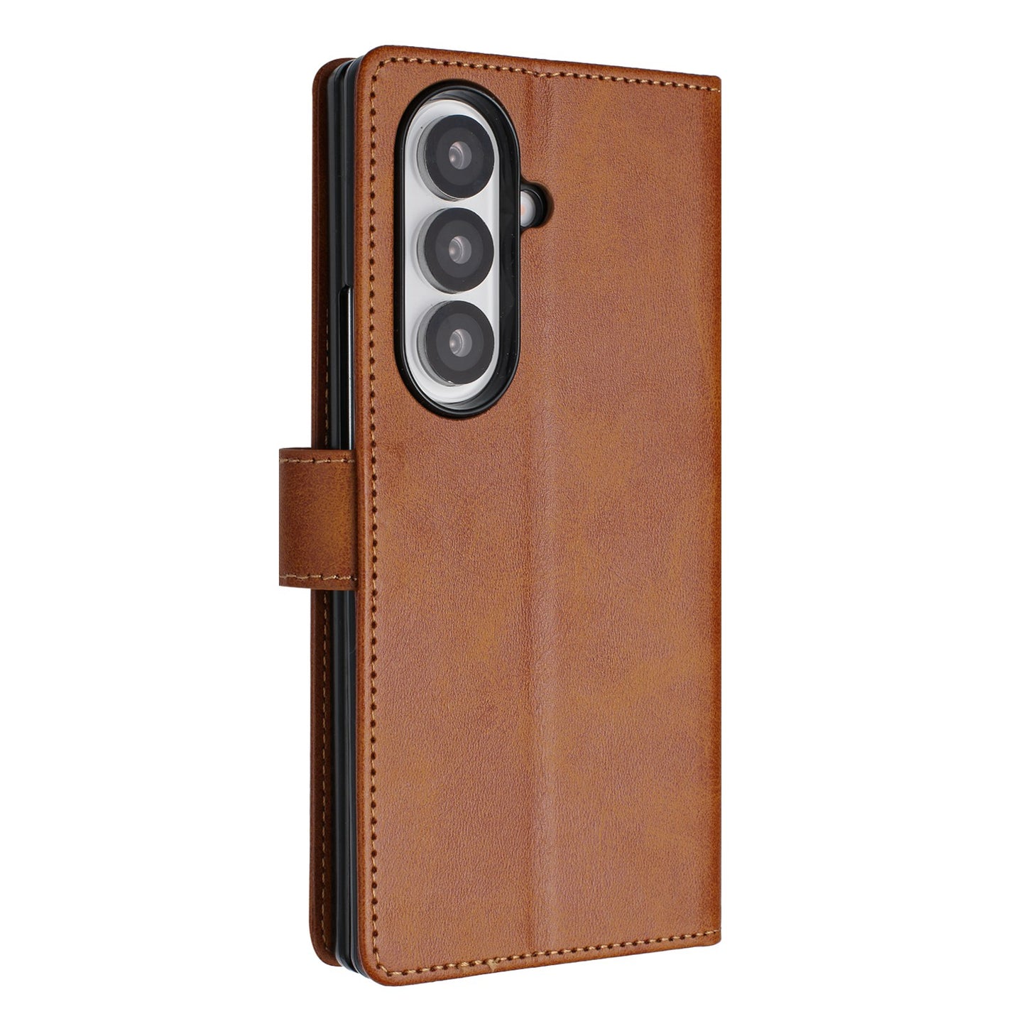 For Samsung Galaxy Z Fold7 5G Wallet Case RFID Blocking Calf Texture Leather Stand Phone Cover with Strap - Brown