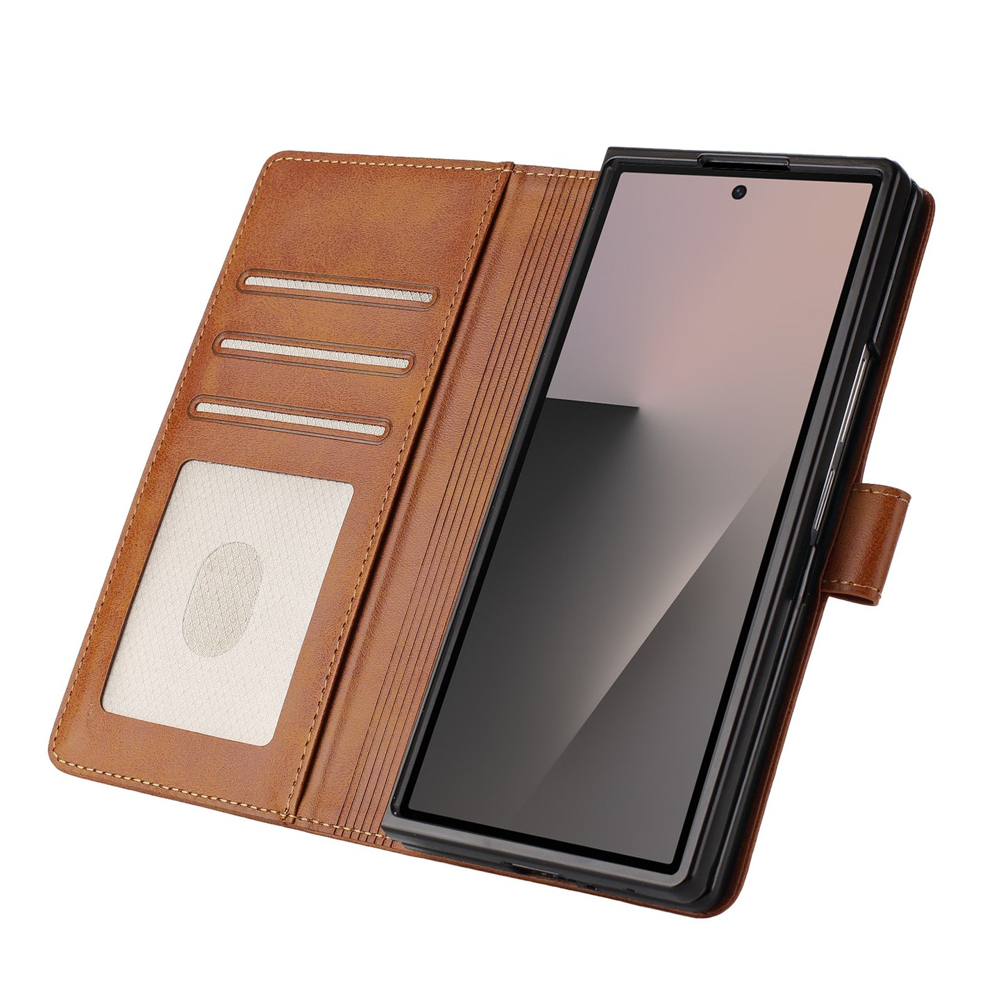 For Samsung Galaxy Z Fold7 5G Wallet Case RFID Blocking Calf Texture Leather Stand Phone Cover with Strap - Brown