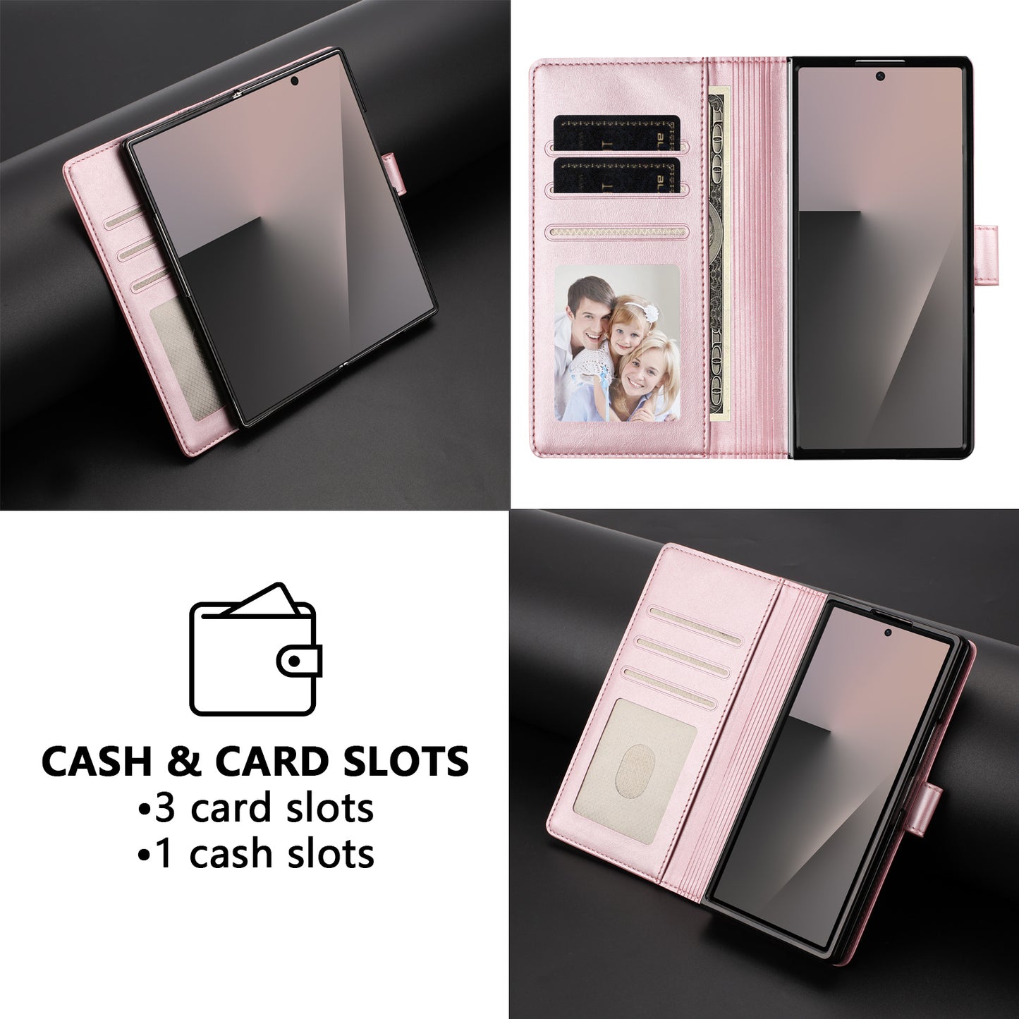 For Samsung Galaxy Z Fold7 5G Wallet Case RFID Blocking Calf Texture Leather Stand Phone Cover with Strap - Pink
