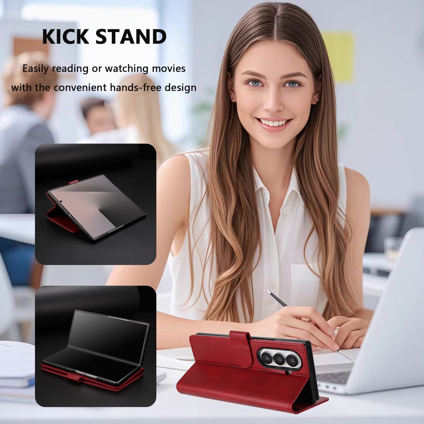 For Samsung Galaxy Z Fold7 5G Wallet Case RFID Blocking Calf Texture Leather Stand Phone Cover with Strap - Wine Red