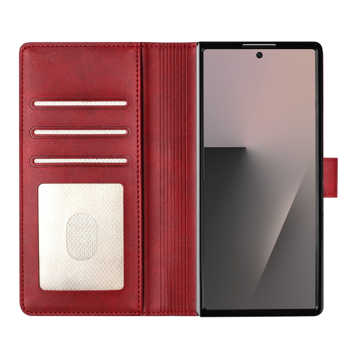For Samsung Galaxy Z Fold7 5G Wallet Case RFID Blocking Calf Texture Leather Stand Phone Cover with Strap - Wine Red