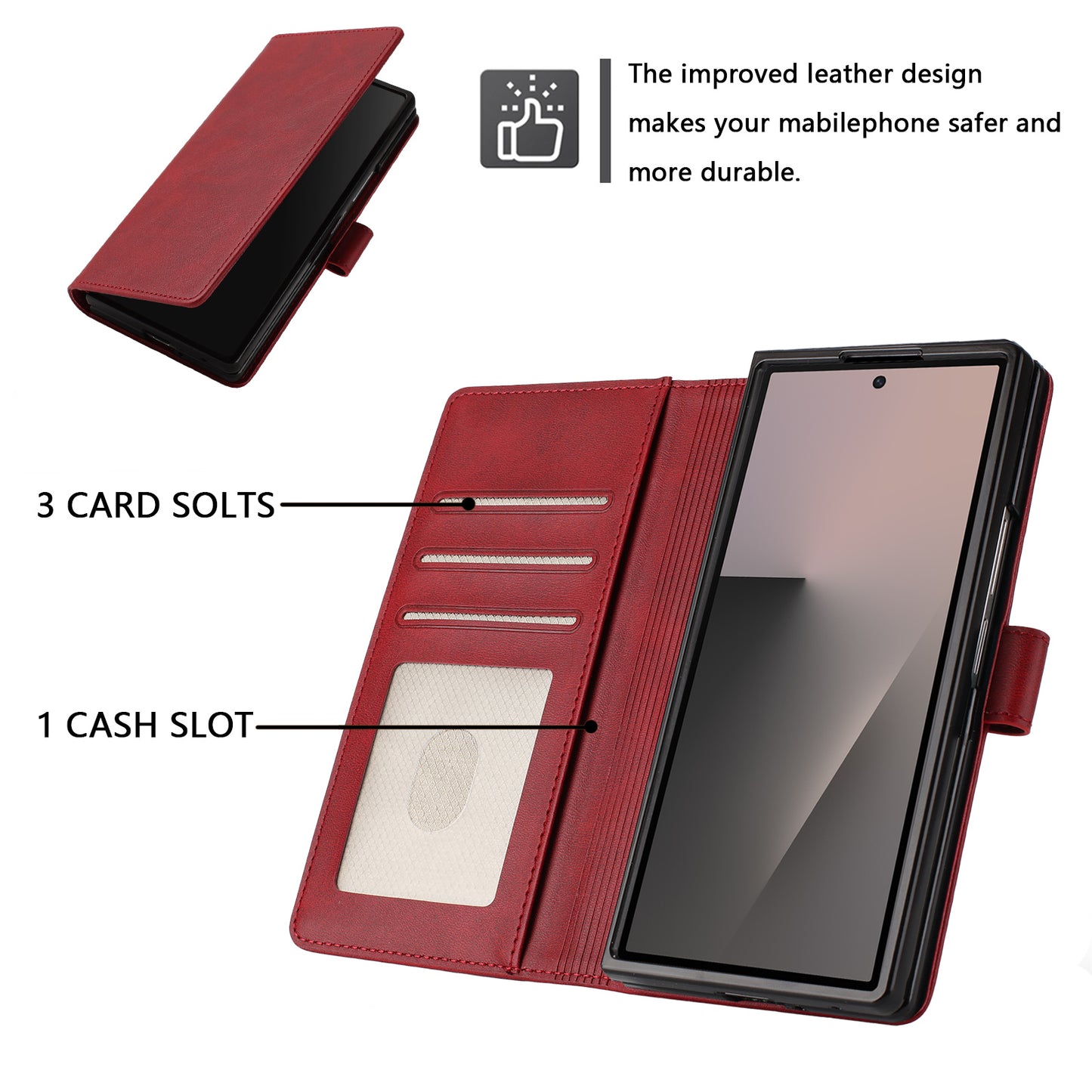 For Samsung Galaxy Z Fold7 5G Wallet Case RFID Blocking Calf Texture Leather Stand Phone Cover with Strap - Wine Red