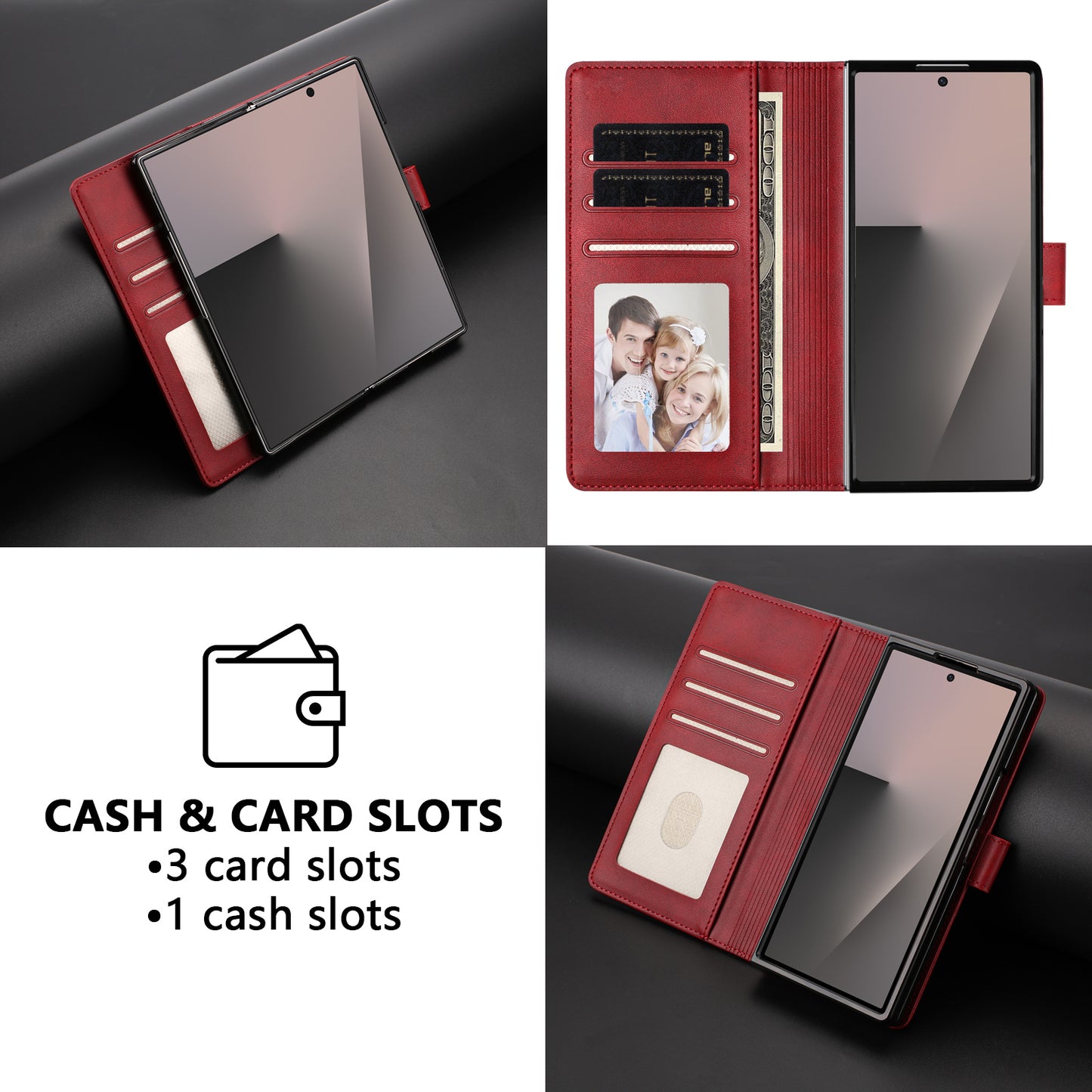 For Samsung Galaxy Z Fold7 5G Wallet Case RFID Blocking Calf Texture Leather Stand Phone Cover with Strap - Wine Red