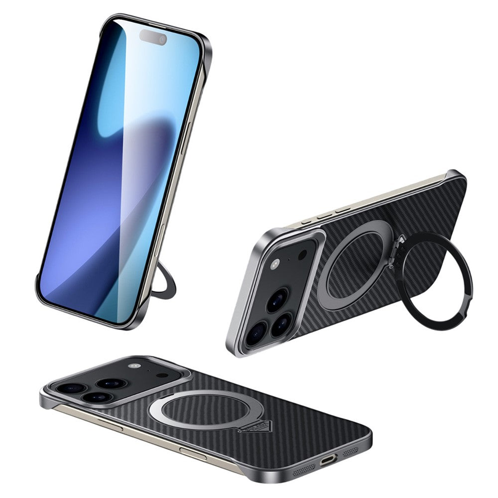 SULADA For iPhone 17 Pro MaxCase Compatible with MagSafe Kickstand PU + PC Phone Cover Carbon Fiber Texture - Black