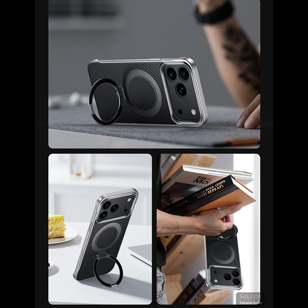 SULADA For iPhone 17 Pro MaxCase Compatible with MagSafe Kickstand PU + PC Phone Cover Carbon Fiber Texture - Black