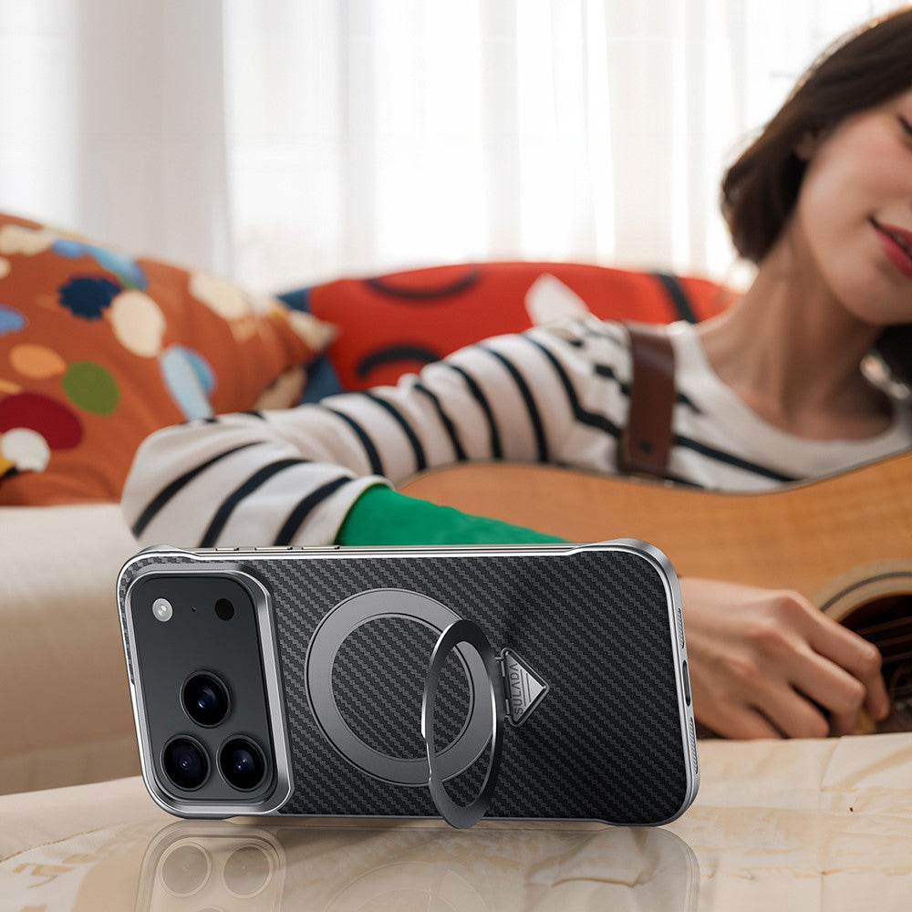 SULADA For iPhone 17 Pro MaxCase Compatible with MagSafe Kickstand PU + PC Phone Cover Carbon Fiber Texture - Blue