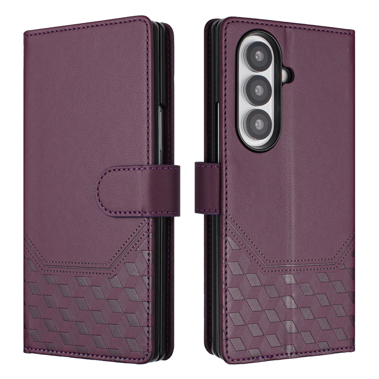 For Samsung Galaxy Z Fold7 5G Case Imprinted Honeycomb RFID Blocking Leather Phone Cover with Strap - Dark Purple