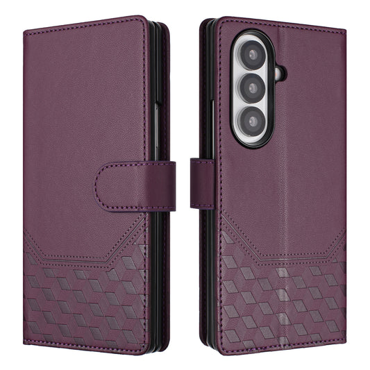 For Samsung Galaxy Z Fold7 5G Case Imprinted Honeycomb RFID Blocking Leather Phone Cover with Strap - Dark Purple