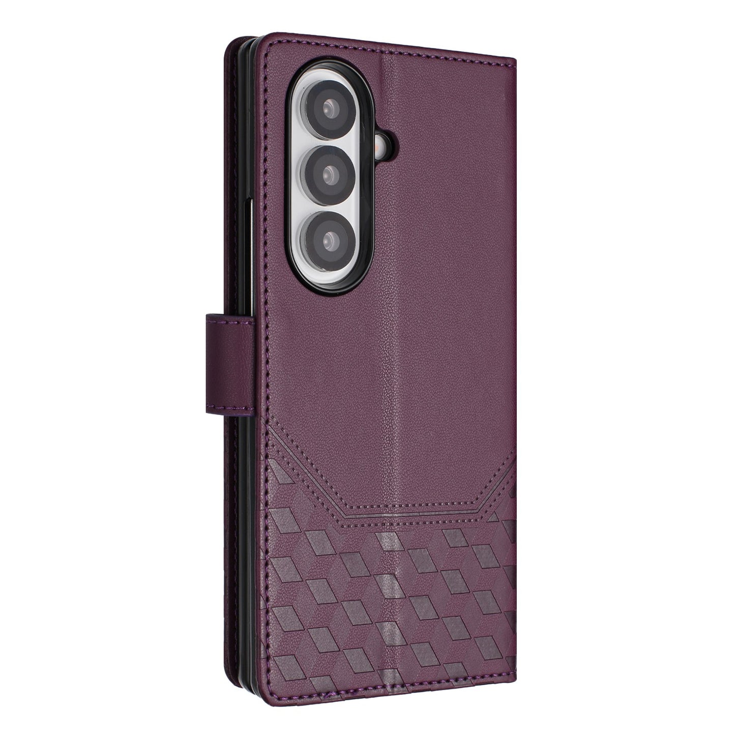 For Samsung Galaxy Z Fold7 5G Case Imprinted Honeycomb RFID Blocking Leather Phone Cover with Strap - Dark Purple
