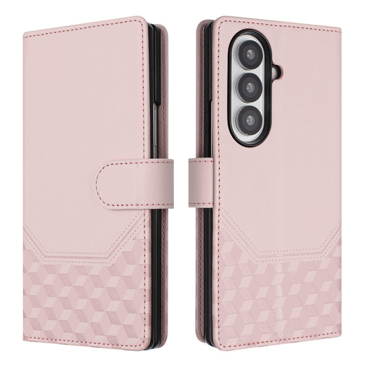 For Samsung Galaxy Z Fold7 5G Case Imprinted Honeycomb RFID Blocking Leather Phone Cover with Strap - Pink